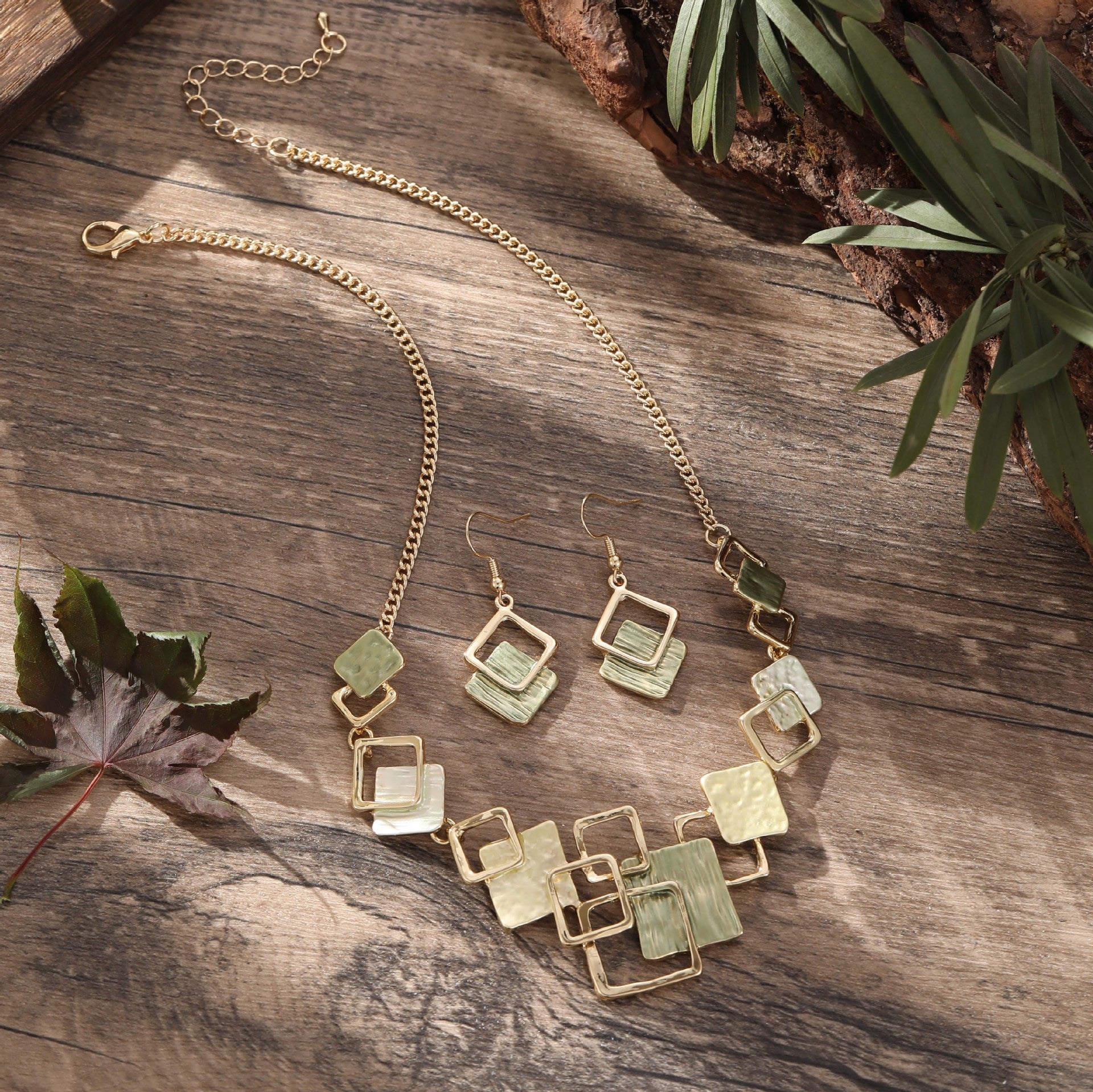 Color Painting Oil Geometric Square Ear Studs Bracelet And Necklace Set