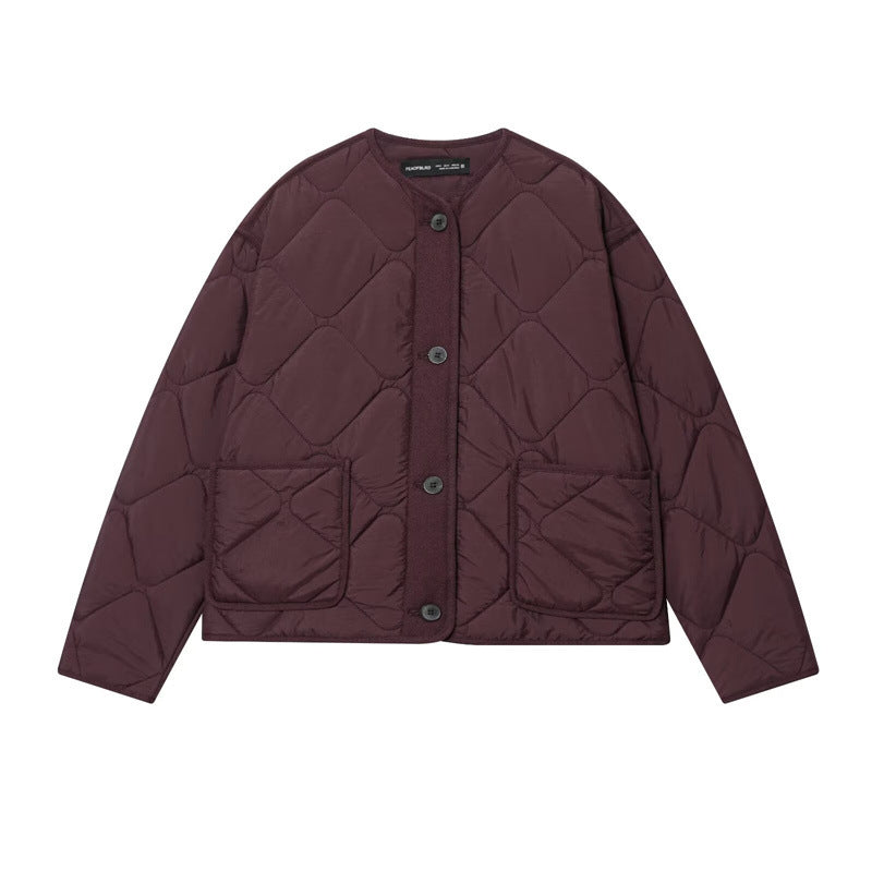 Womens Simple Cotton Padded Jacket With Crew Neck And Chest Pocket