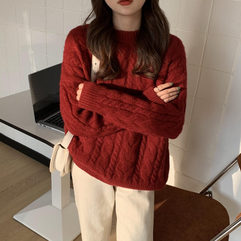 Womens Red Twisted Cable-Knit Pullover Sweater For FallWinter