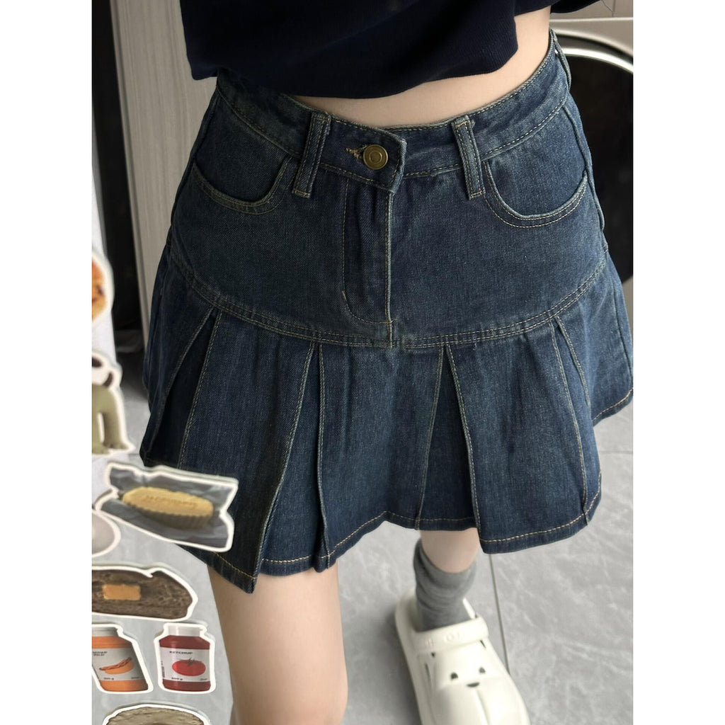 Retro High-waisted Denim A-line Pleated Skirt That Flatters