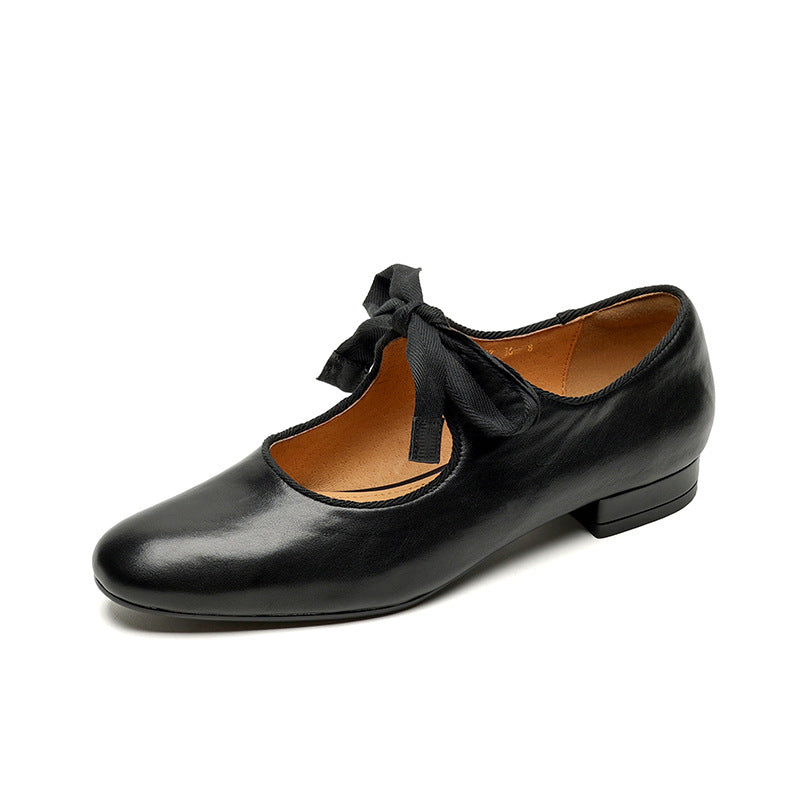 French-style Vintage Low-heeled Leather Shoes For Women Round Toe Low Cut