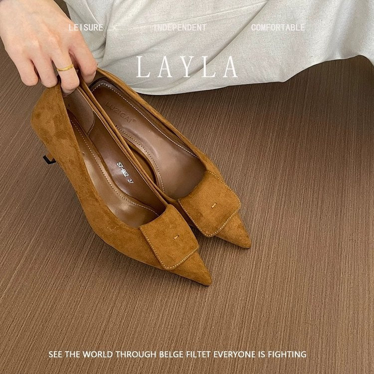 Elegant French Pointed Toe High Heels For Women, Velvet, Slim Heel, Spring 2025 New Collection, Versatile Low-Cut Commute Shoes