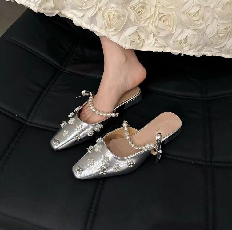 2026 New Arrival Elegant Lady Style Pearl Low Heel Mules, Fashion Women's Sandals