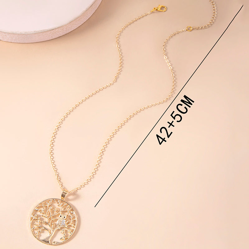 Fashion Gold Hollow Tree Of Life Necklace Crystal Bird Owl Pendant Statement Necklaces For Women Sweater Chain Jewelry