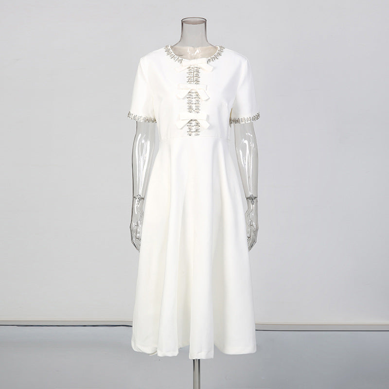 New Stylish Long Dress With A Round Neckline Bow Detail And Patchwork Design