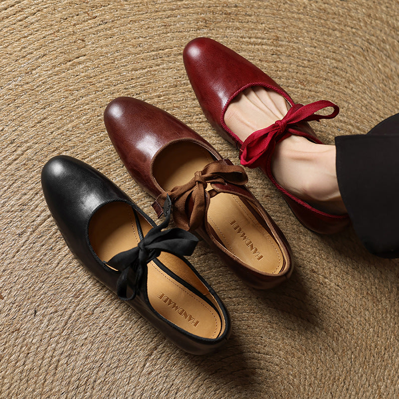 French-style Vintage Low-heeled Leather Shoes For Women Round Toe Low Cut