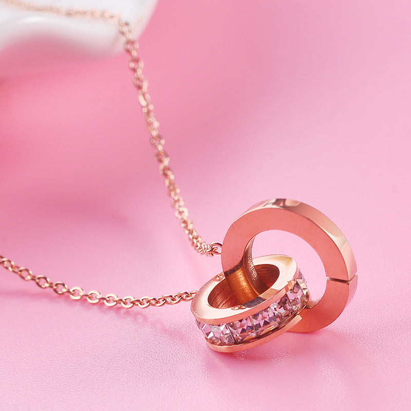Fashionable Stainless Steel Double-Ring Diamond-Encrusted Necklace For Women