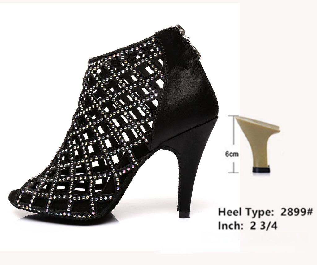 Black Satin Latin Dance Shoes Shiny Breathable High Heel