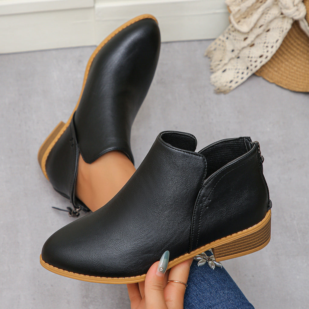 Women's Pointed-toe Leather Boots With Back Zipper