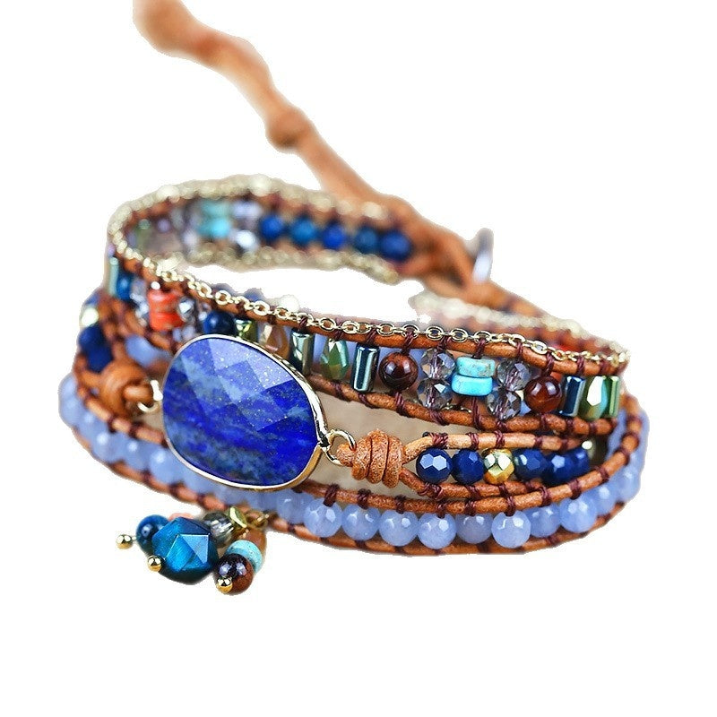 Lapis Lazuli Bezel-Set Hand-Knitted Multi-Layer Wax Cord Bracelet