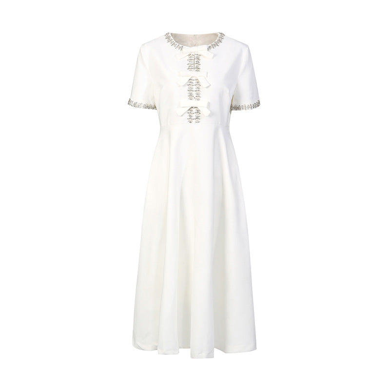 New Stylish Long Dress With A Round Neckline Bow Detail And Patchwork Design