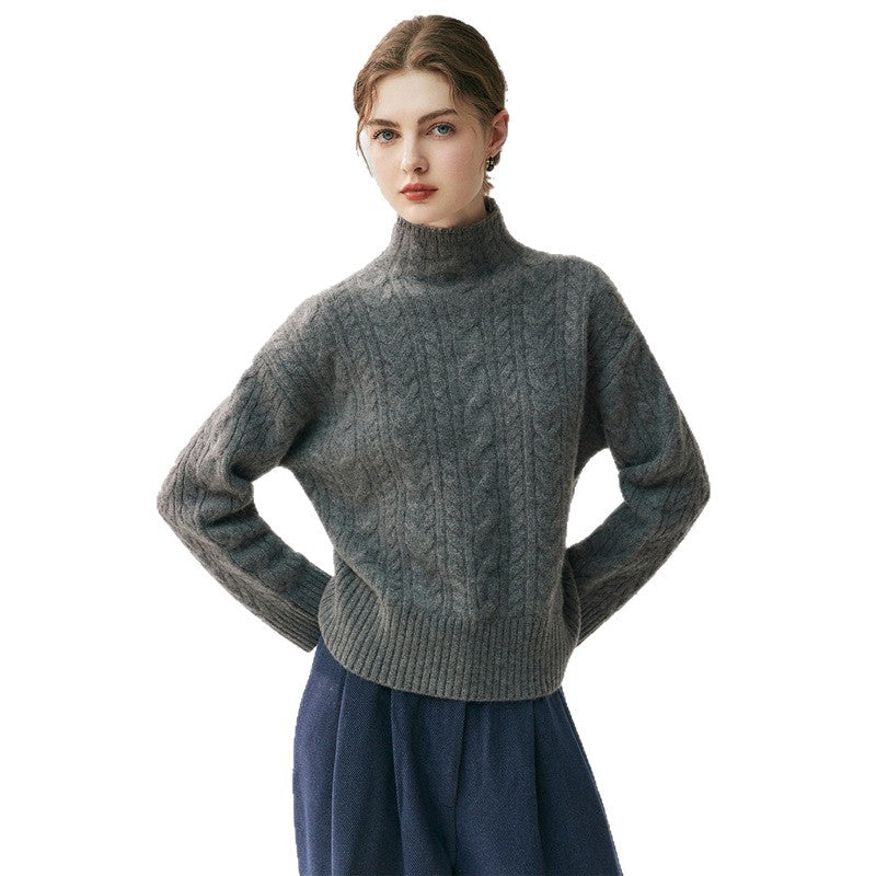 Womens Half-Turtleneck Seamed Cable-Knit Cashmere Sweater Elegant Artistic And Versatile For Any Look