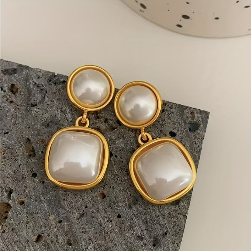 1 Pair Dangle Faux Pearl Geometric Inlaid Earrings, Minimalist & Classic Design, Elegant & Fashionable, Perfect For Women's Banquets & Parties