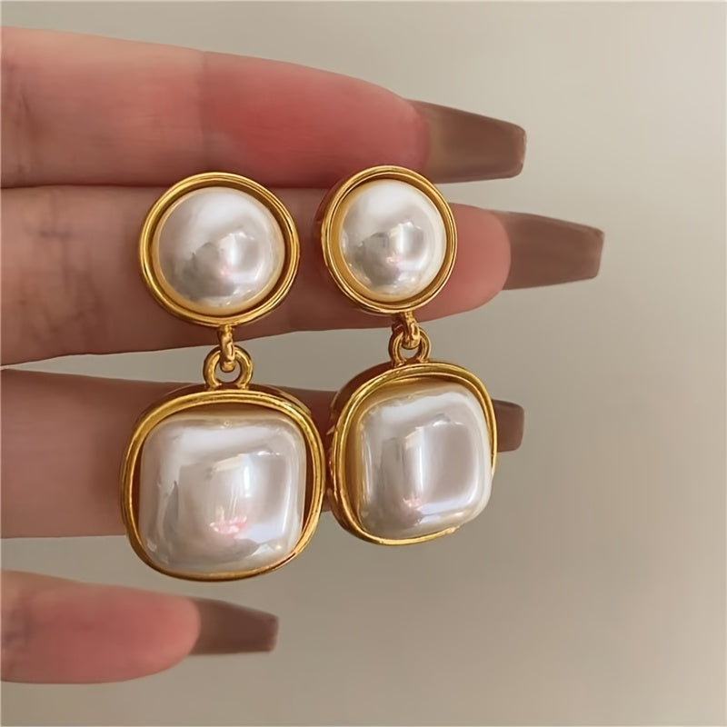1 Pair Dangle Faux Pearl Geometric Inlaid Earrings, Minimalist & Classic Design, Elegant & Fashionable, Perfect For Women's Banquets & Parties