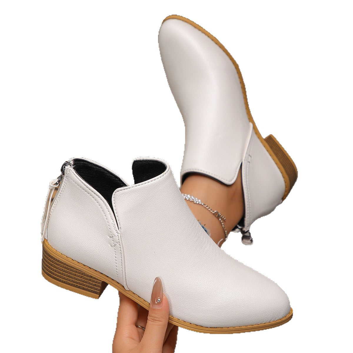Women's Pointed-toe Leather Boots With Back Zipper