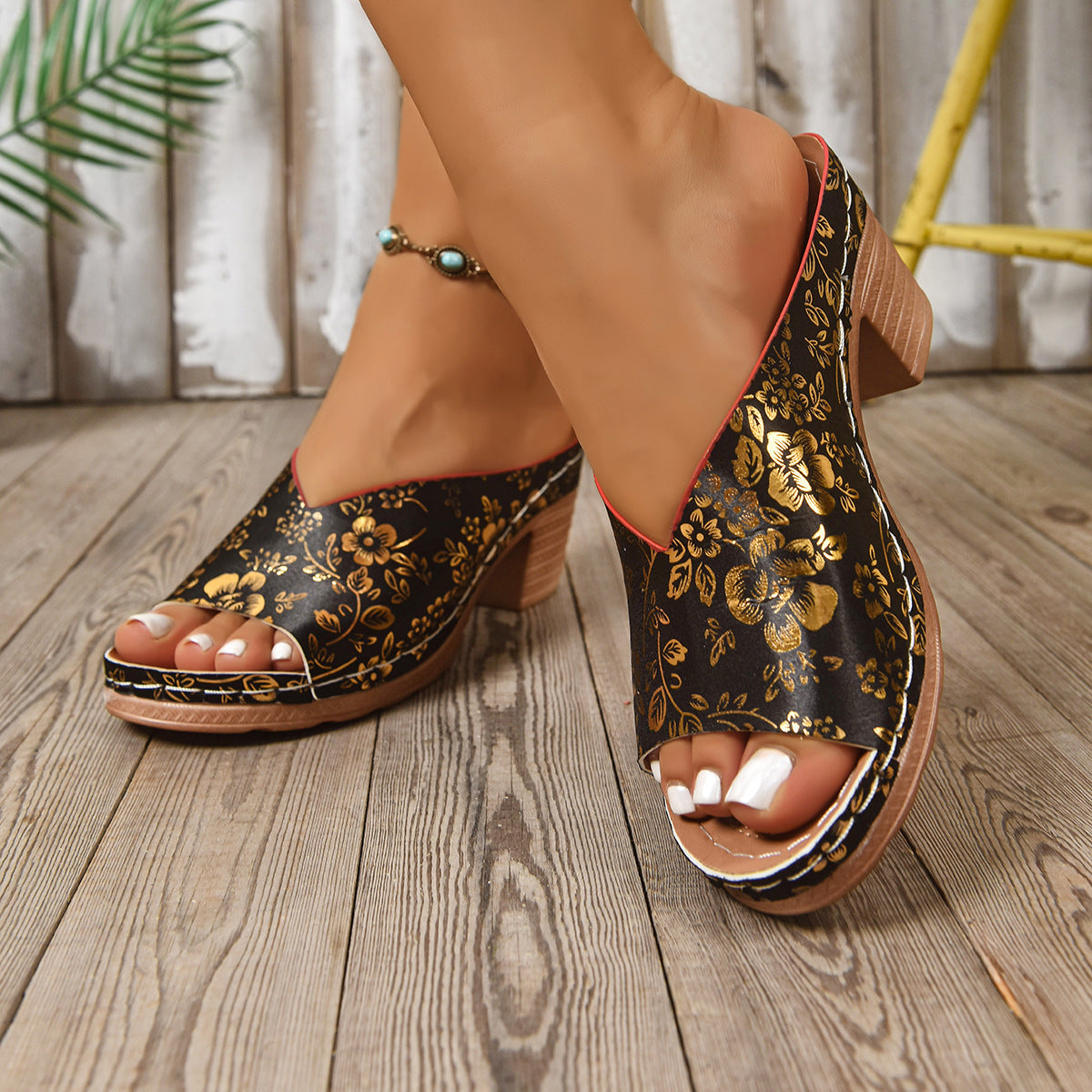 Women's Casual Floral Block-Heel Peep-Toe Slide Sandals