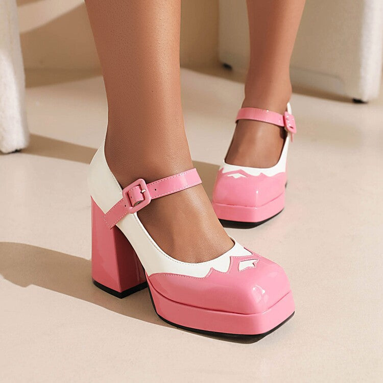 Square-toe Platform Strappy Block-heel Contrast-color Pumps