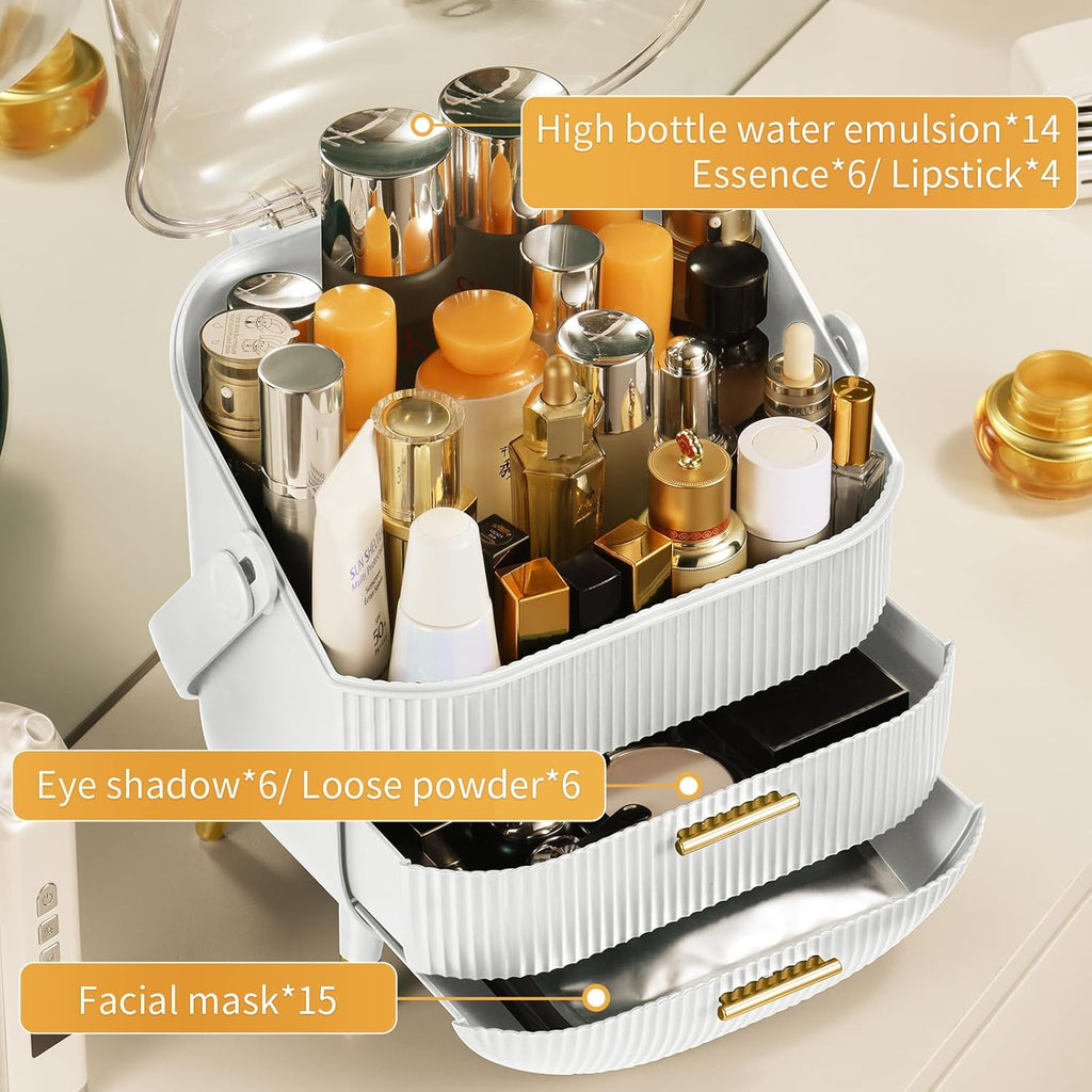 Makeup Organizer,Skincare Organizer With 2 Drawers And Transparent Cover,Cosmetic Display Case For Vanity Organizer And Bathroom Countertop Storage