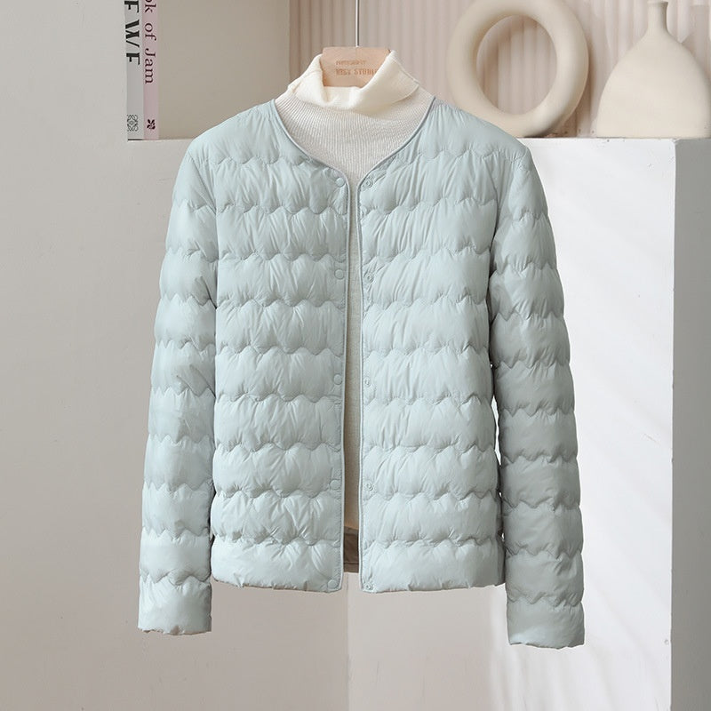 Womens Short Puff Jacket With A Ruffled Crew Neck