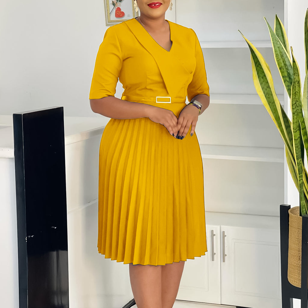 New Stylish Elegant V Neck Solid Color Plus Size Pleated Dress