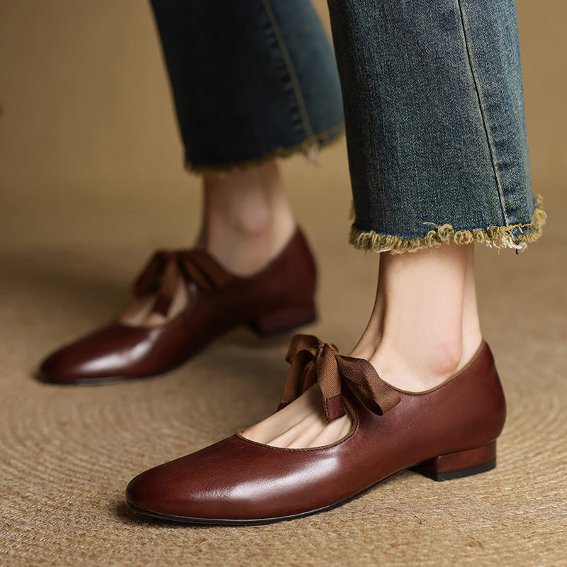 French-style Vintage Low-heeled Leather Shoes For Women Round Toe Low Cut