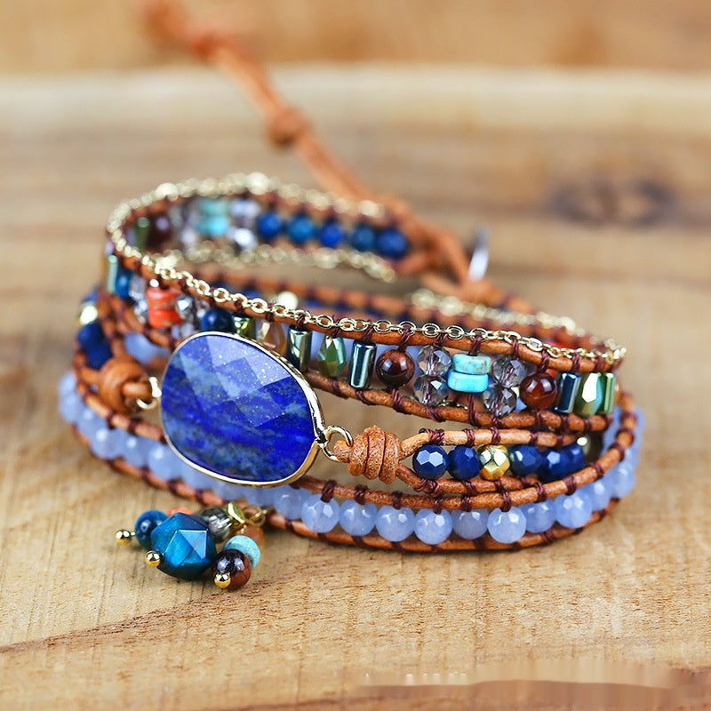 Lapis Lazuli Bezel-Set Hand-Knitted Multi-Layer Wax Cord Bracelet