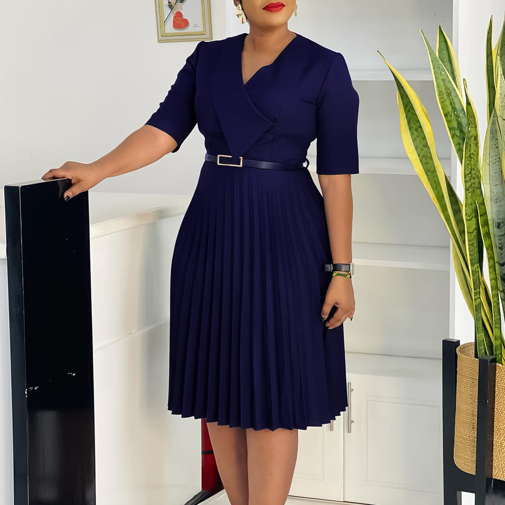 New Stylish Elegant V Neck Solid Color Plus Size Pleated Dress