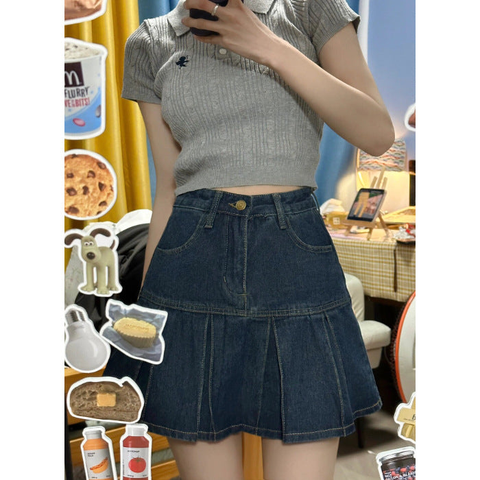 Retro High-waisted Denim A-line Pleated Skirt That Flatters