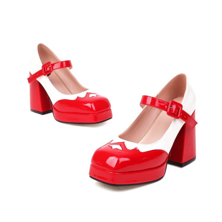 Square-toe Platform Strappy Block-heel Contrast-color Pumps