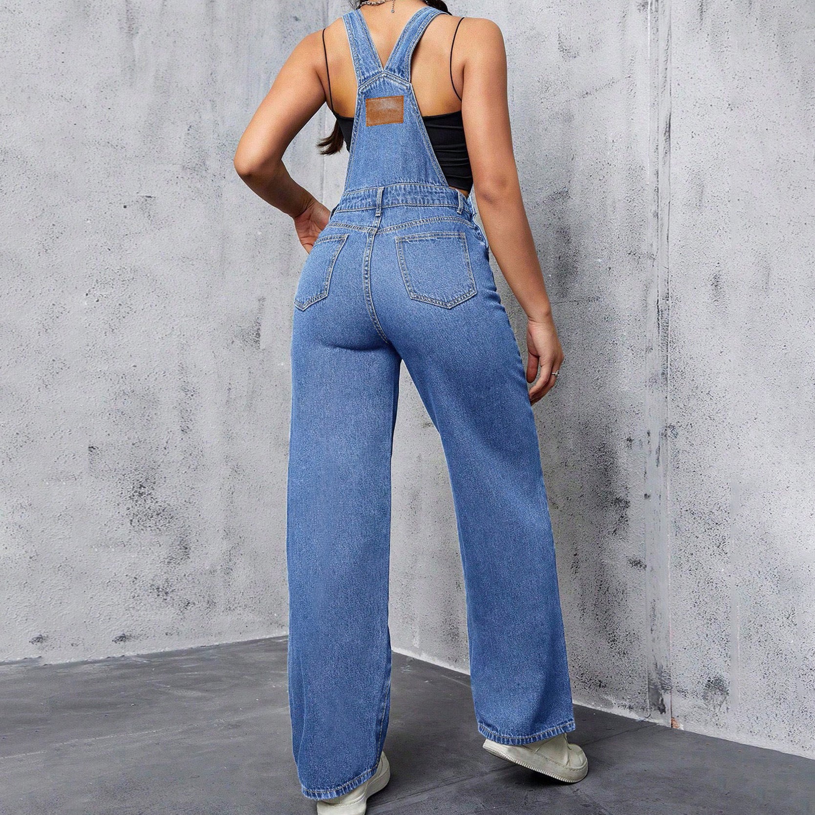 Womens Washed Blue Denim Overalls Casual And Loose-Fitting