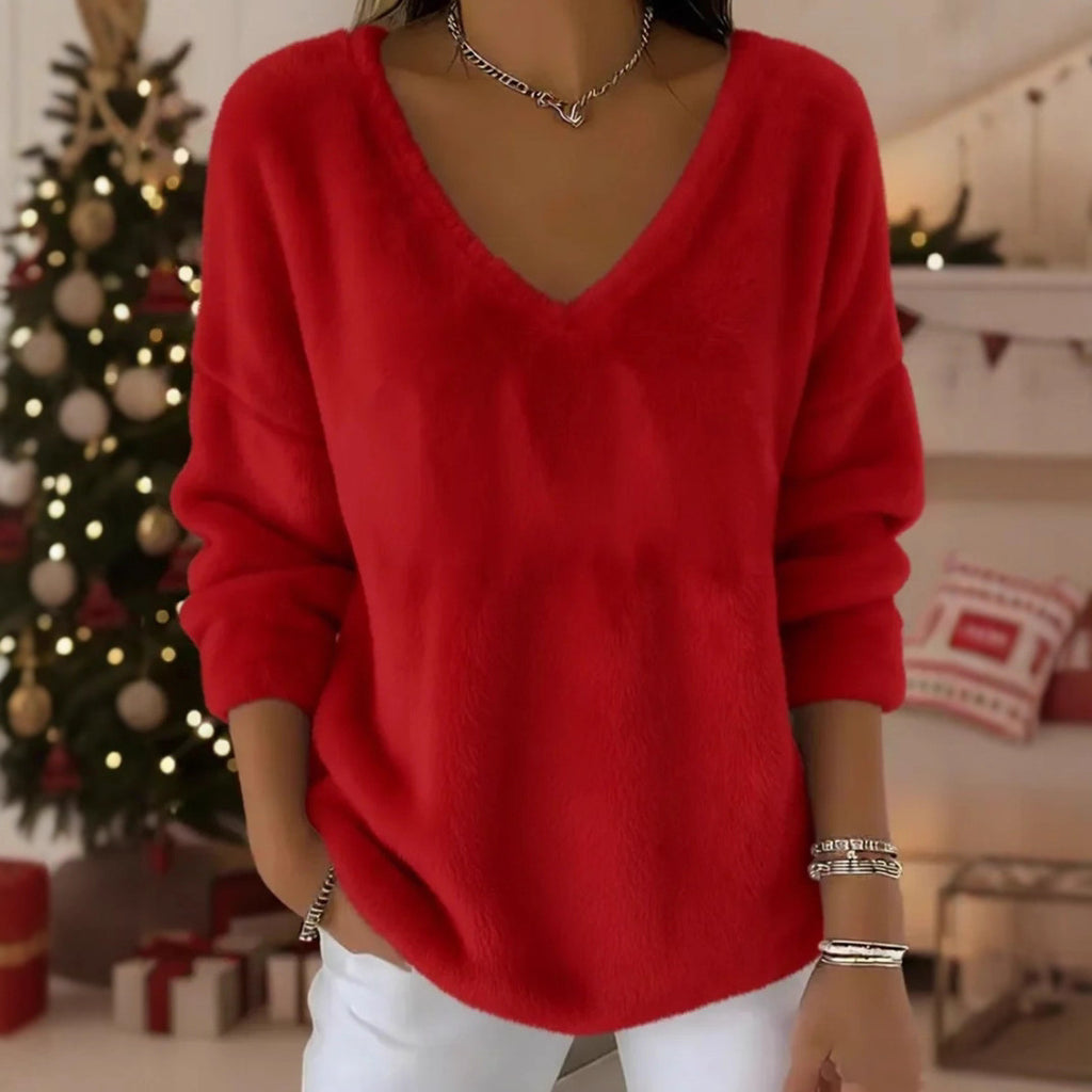 New Womens Plush Pullover With A Drop-shoulder V-neck And Long Sleeves