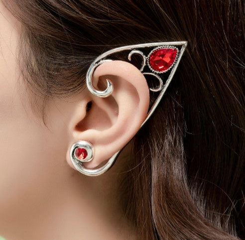 Fairy Ear Cuff Earring Red Crystal Stone Elf Ear Clip Earrings