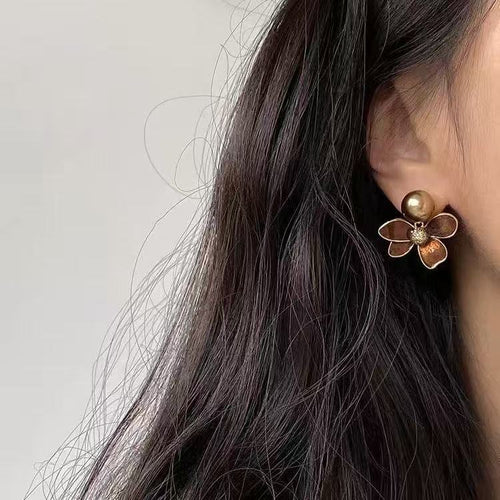 1 Pair Coffee Color Autumn Winter Enamel Vintage Pearl Flower Earrings, New Luxury Elegant Jewelry