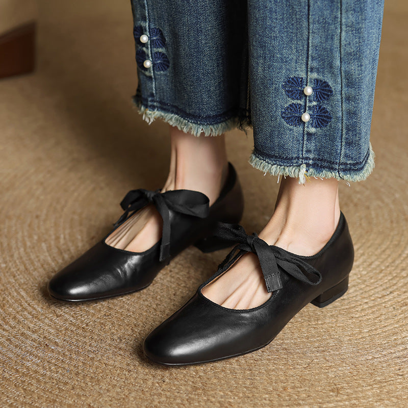French-style Vintage Low-heeled Leather Shoes For Women Round Toe Low Cut