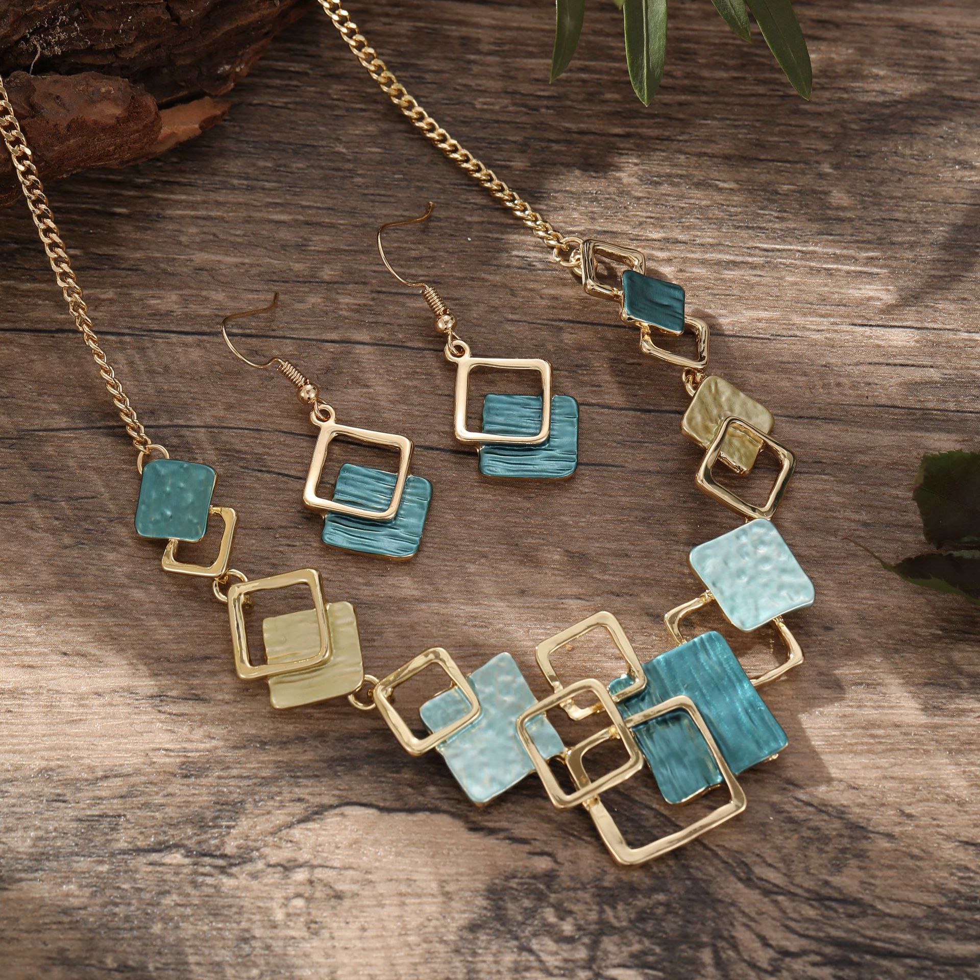 Color Painting Oil Geometric Square Ear Studs Bracelet And Necklace Set
