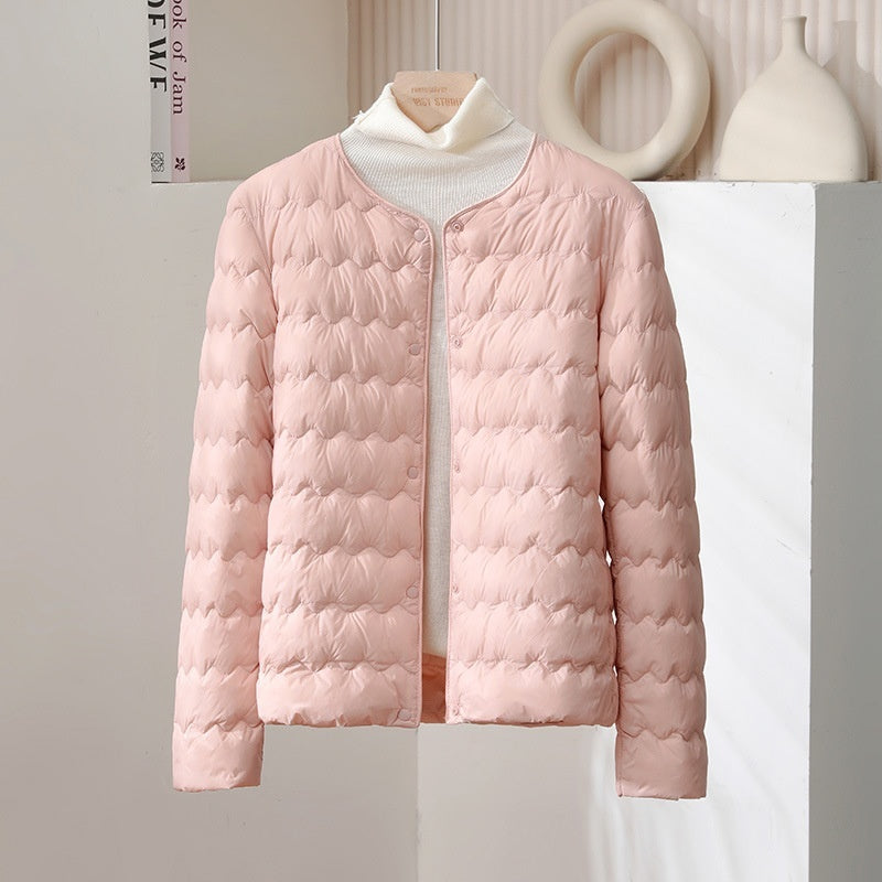 Womens Short Puff Jacket With A Ruffled Crew Neck