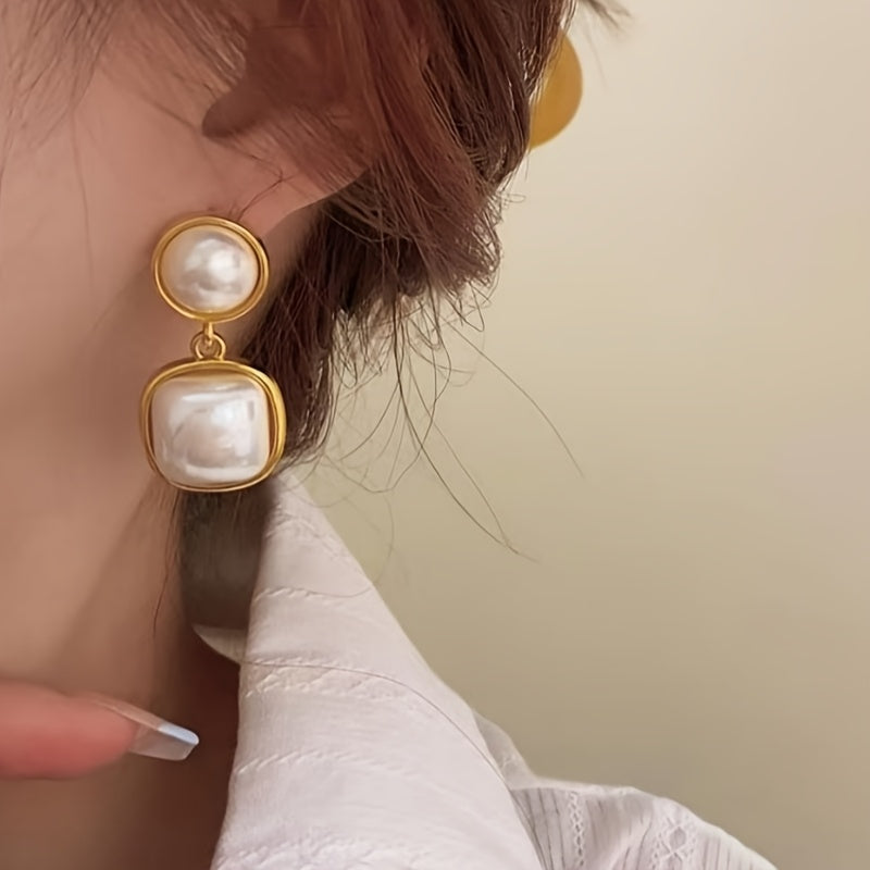 1 Pair Dangle Faux Pearl Geometric Inlaid Earrings, Minimalist & Classic Design, Elegant & Fashionable, Perfect For Women's Banquets & Parties