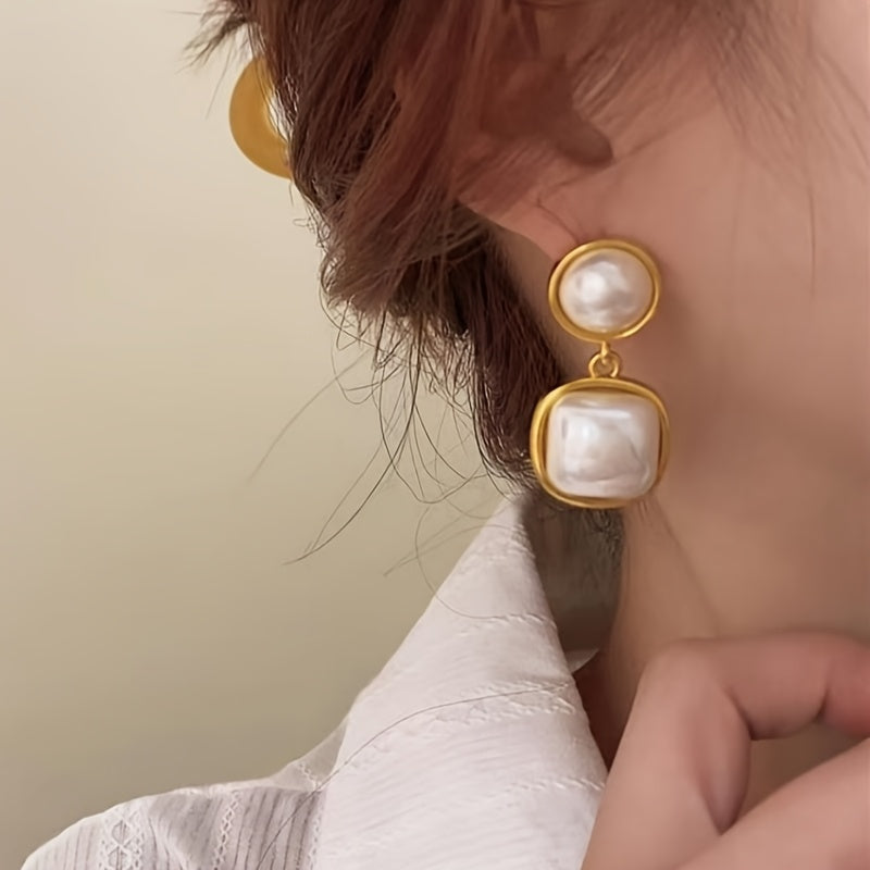 1 Pair Dangle Faux Pearl Geometric Inlaid Earrings, Minimalist & Classic Design, Elegant & Fashionable, Perfect For Women's Banquets & Parties